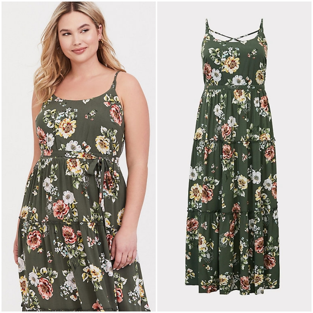 Torrid Olive Green Floral Maxi Dress Sz 2 (18/20)